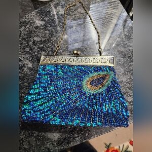 Peacock Blue and Gold Beaded Clutch